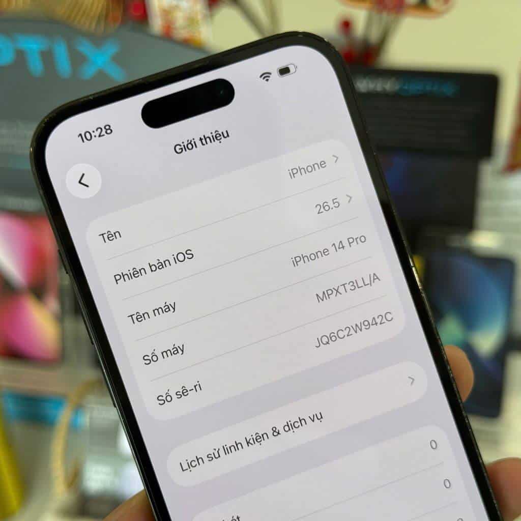 Màn hình Cài đặt Giới thiệu iPhone 14 Pro cũ kiểm tra mã VN/A LL/A tại 126.vn