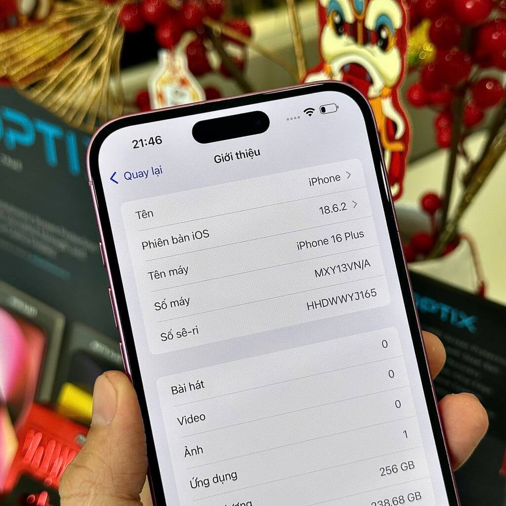 Màn hình Cài đặt Giới thiệu iPhone 16 Plus cũ kiểm tra mã VN/A tại 126.vn