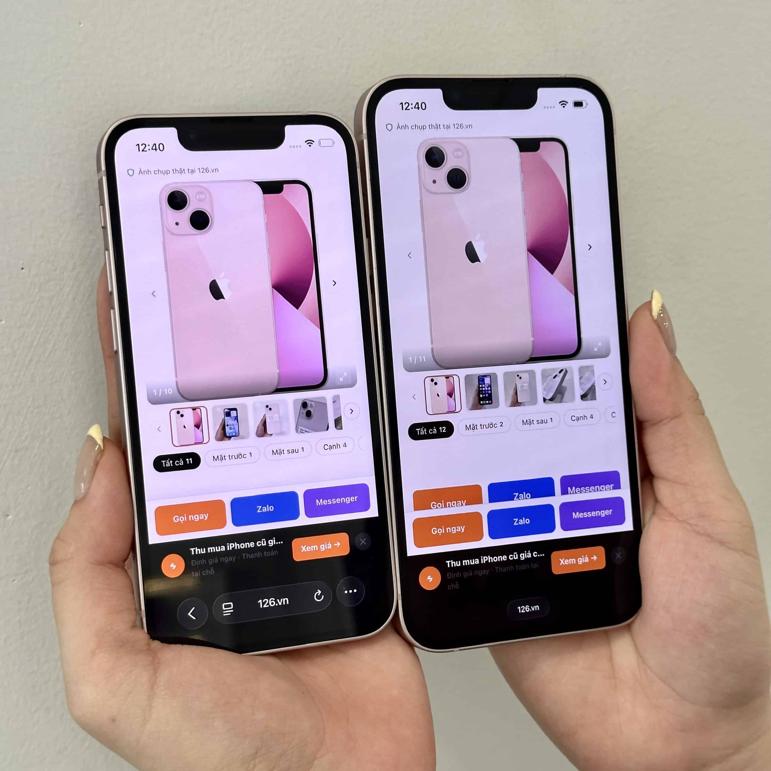 Hai máy iPhone 13 màu hồng cũ tại 126 mở trang web 126.vn