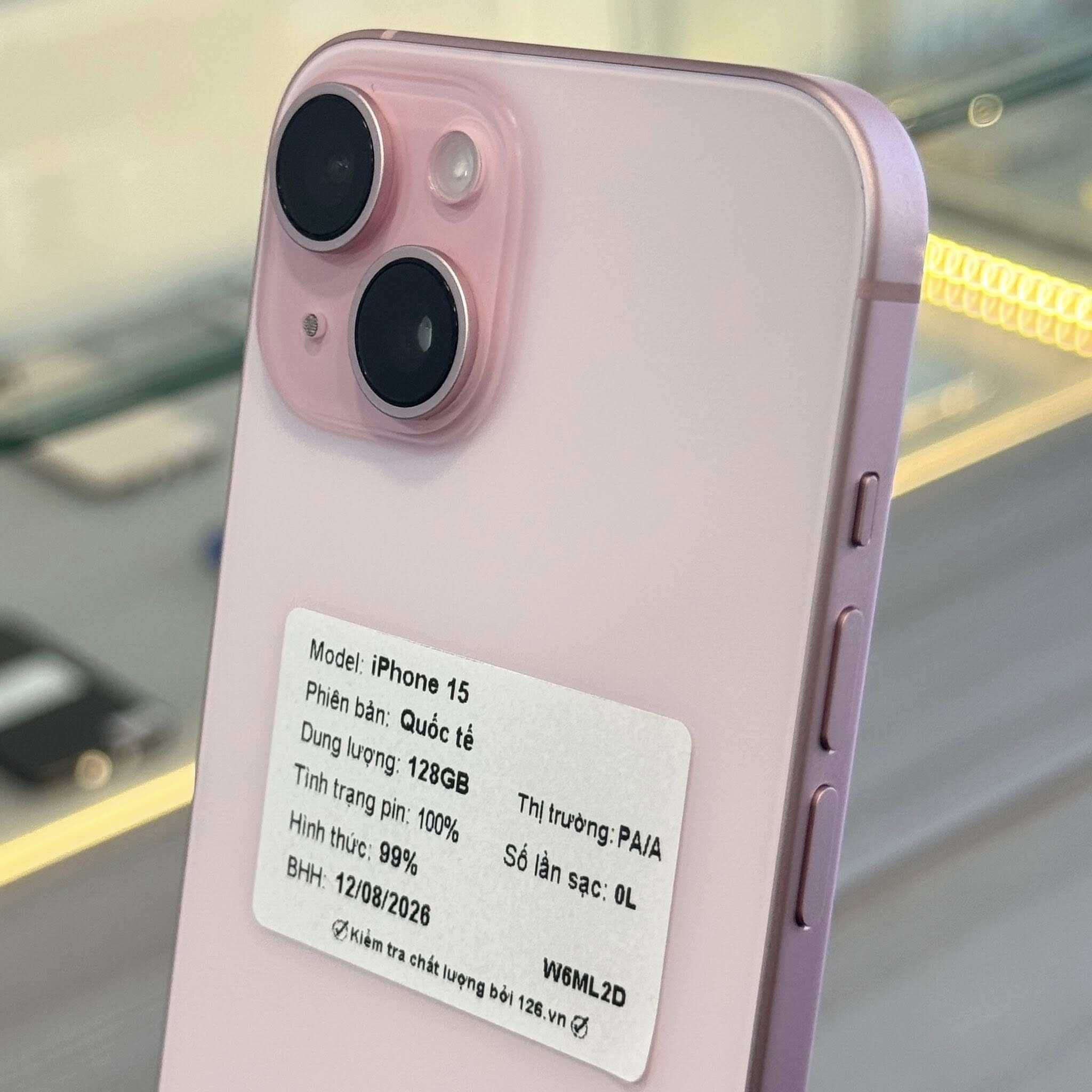 iPhone 15 cũ màu hồng 128GB pin 100% ngoại hình 99% có tem kiểm định chất lượng 126.vn