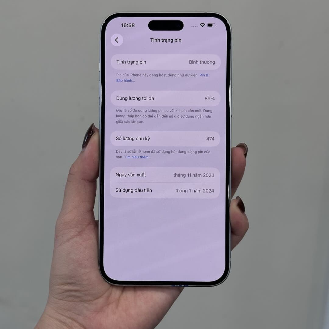 Màn hình Tình trạng pin của iPhone 15 Plus cũ hiển thị phần trăm pin thật tại 126.vn