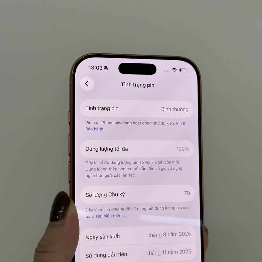 Ảnh chụp màn hình Tình trạng pin iPhone 17 Pro cũ tại 126.vn hiển thị 100% và 79 chu kỳ sạc