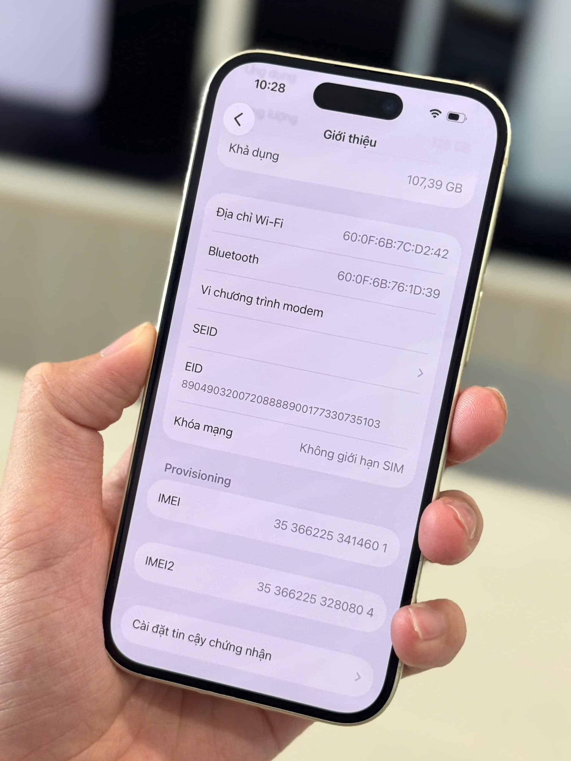 Màn hình Giới thiệu iPhone hiển thị mục Khóa nhà mạng Không có giới hạn SIM